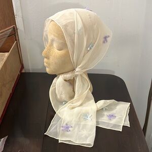 Vintage Handmade Cream Chiffon Scarf with Little Flowers
